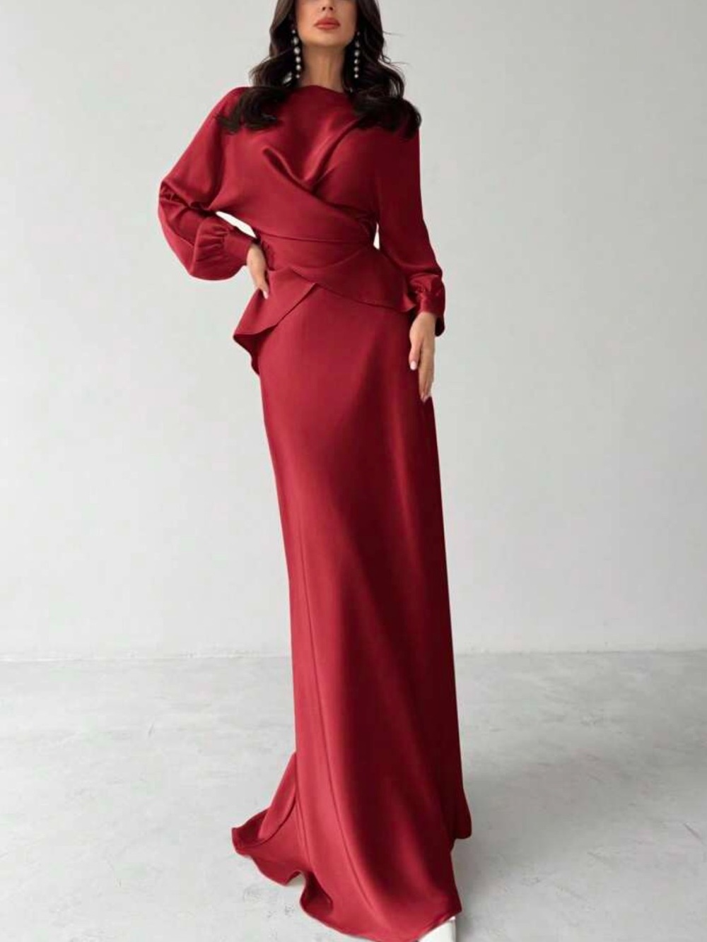 Elegant Red Satin Skirt and Top Set - Women's Formal